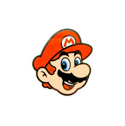 Retro plumber inspired character plastic add-on featuring a red cap and cartoon mustache, compatible with interchangeable badge reel bases, gamer accessory