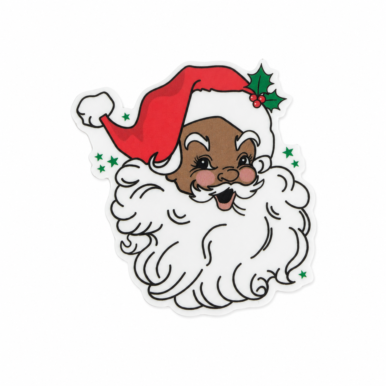 Retro Santa face plastic add-on featuring a red Santa hat, holly accents, and fluffy white beard, compatible with interchangeable badge reel bases and perfect for Christmas lovers.