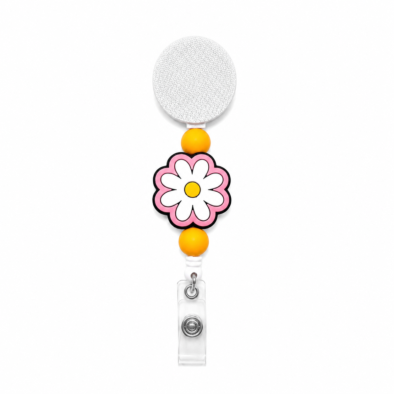 Retro white daisy badge reel with a white flower, orange center, orange bead accents, retractable reel, and clear badge holder attachment.