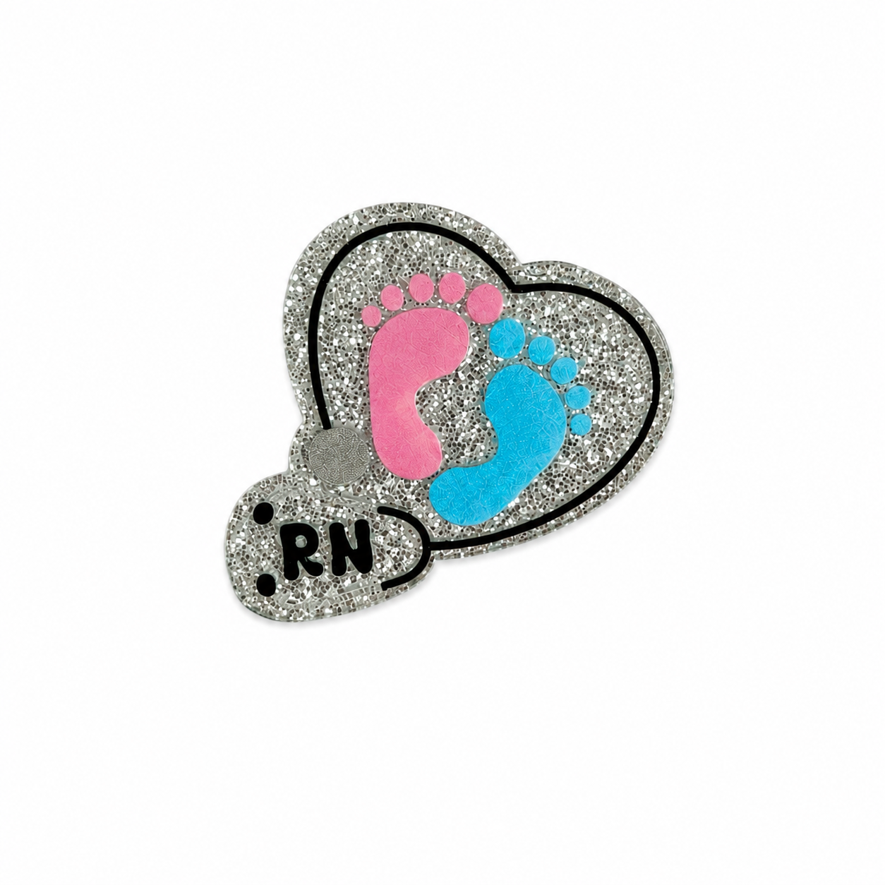 RN baby feet heart plastic add-on featuring pink and blue newborn footprints in a glitter heart design compatible with interchangeable badge reel bases for NICU nurses