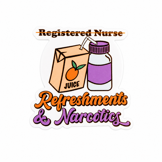 Registered Nurse Refreshments & Narcotics plastic add-on with juice box and medicine bottle design, compatible with interchangeable badge reel bases.