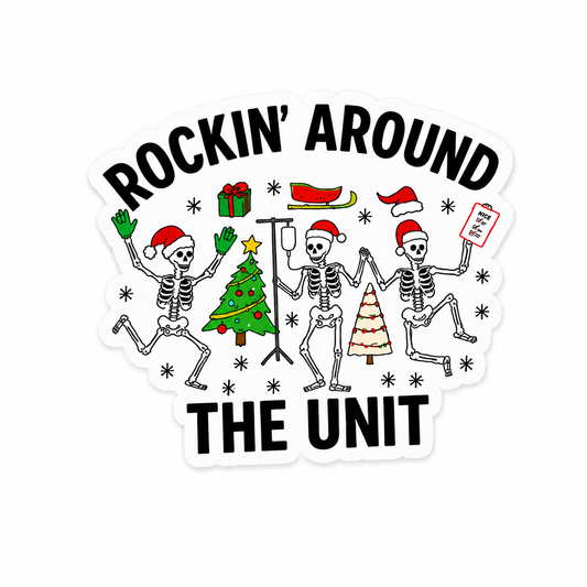 Rockin Around The Unit plastic add-on with festive skeletons and Christmas medical theme for compatible interchangeable badge reel bases.