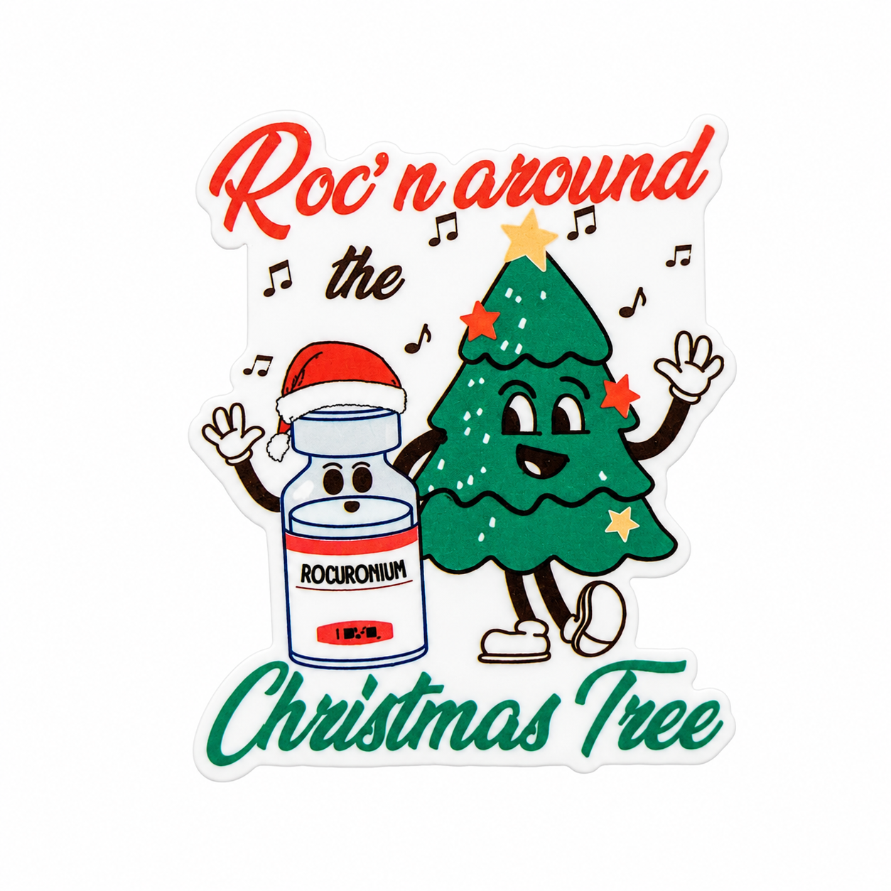 Roc'n around the Christmas Tree plastic add-on featuring a festive Rocuronium vial and smiling Christmas tree, compatible with interchangeable badge reel bases.
