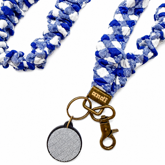 Royal Blue Checkered Interchangeable Andi Lanyard featuring a royal blue and white checkered fabric pattern, interchangeable badge lanyard compatible with interchangeable hardboards and plastic add-ons.