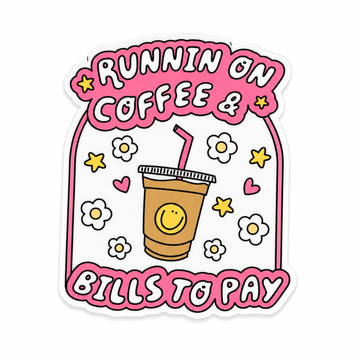 RUNNIN ON COFFEE & BILLS TO PAY plastic add-on featuring a smiling iced coffee, flowers, hearts, and pastel accents, compatible with interchangeable badge reel bases and perfect for coffee lovers.