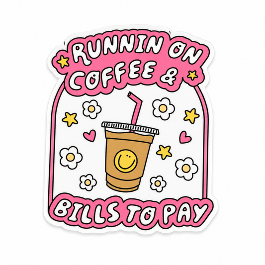RUNNIN ON COFFEE & BILLS TO PAY plastic add-on featuring a smiling iced coffee, flowers, hearts, and pastel accents, compatible with interchangeable badge reel bases and perfect for coffee lovers.