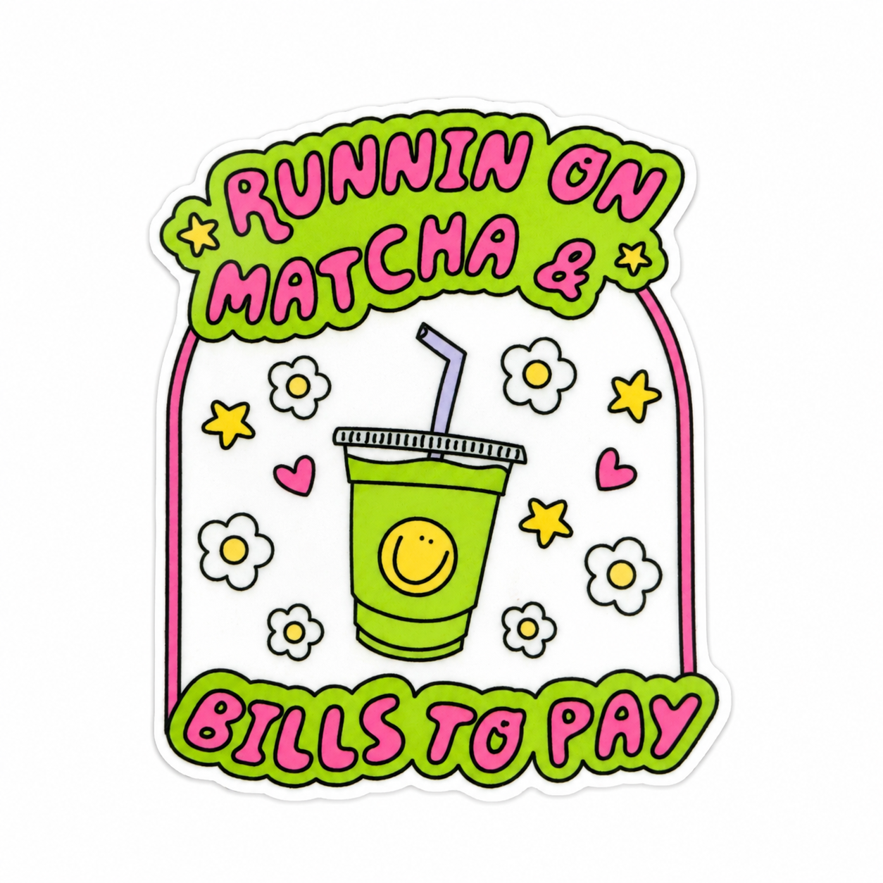 Runnin On Matcha & Bills To Pay plastic add-on featuring a smiling matcha drink, flowers, hearts, and retro colors, compatible with interchangeable badge reel bases, funny matcha lover accessory.