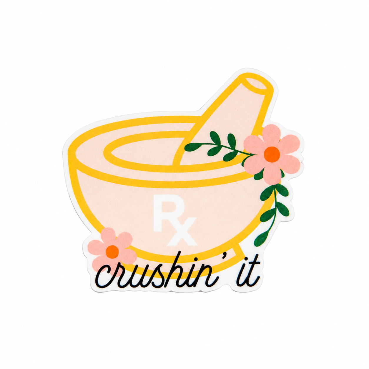 Rx crushin' it plastic add-on featuring a floral mortar and pestle with Rx symbol, compatible with interchangeable badge reel bases, cute pharmacy accessory