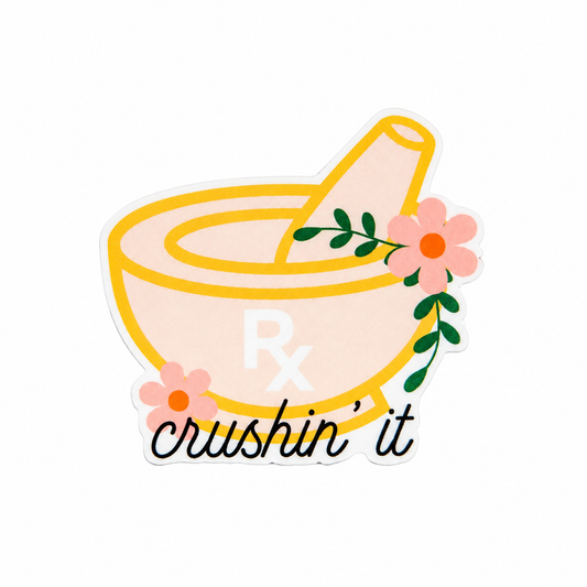 Rx crushin' it plastic add-on featuring a floral mortar and pestle with Rx symbol, compatible with interchangeable badge reel bases, cute pharmacy accessory