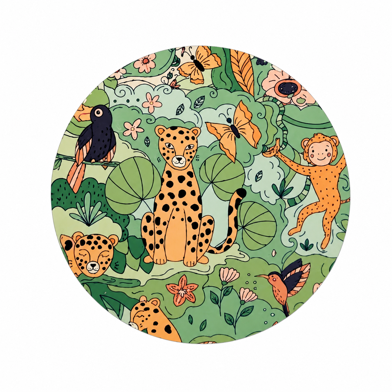 Safari Jungle Animals hard board add-on featuring cheetahs, monkeys, tropical birds, jungle leaves, and flowers, compatible with interchangeable badge reel bases.
