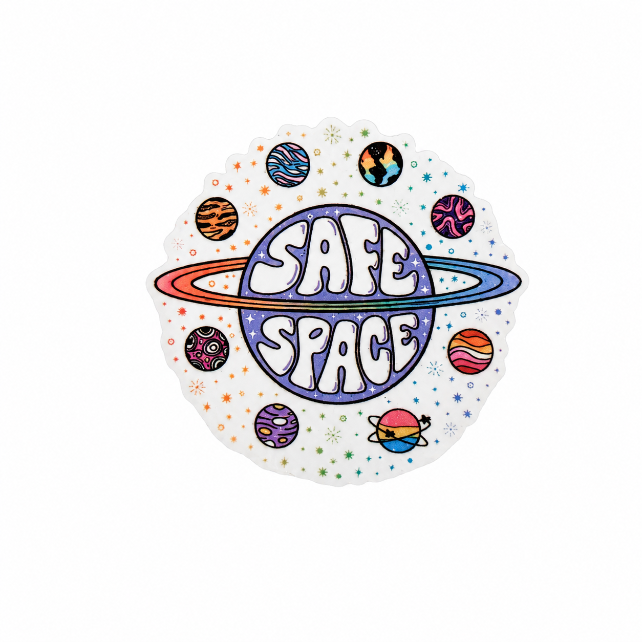 SAFE SPACE plastic add-on with colorful planets and space design, compatible with interchangeable badge reel bases.