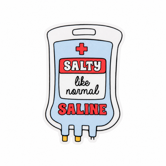 Salty Like Normal Saline plastic add-on featuring a humorous IV saline bag design, compatible with interchangeable badge reel bases for nurses and healthcare workers.