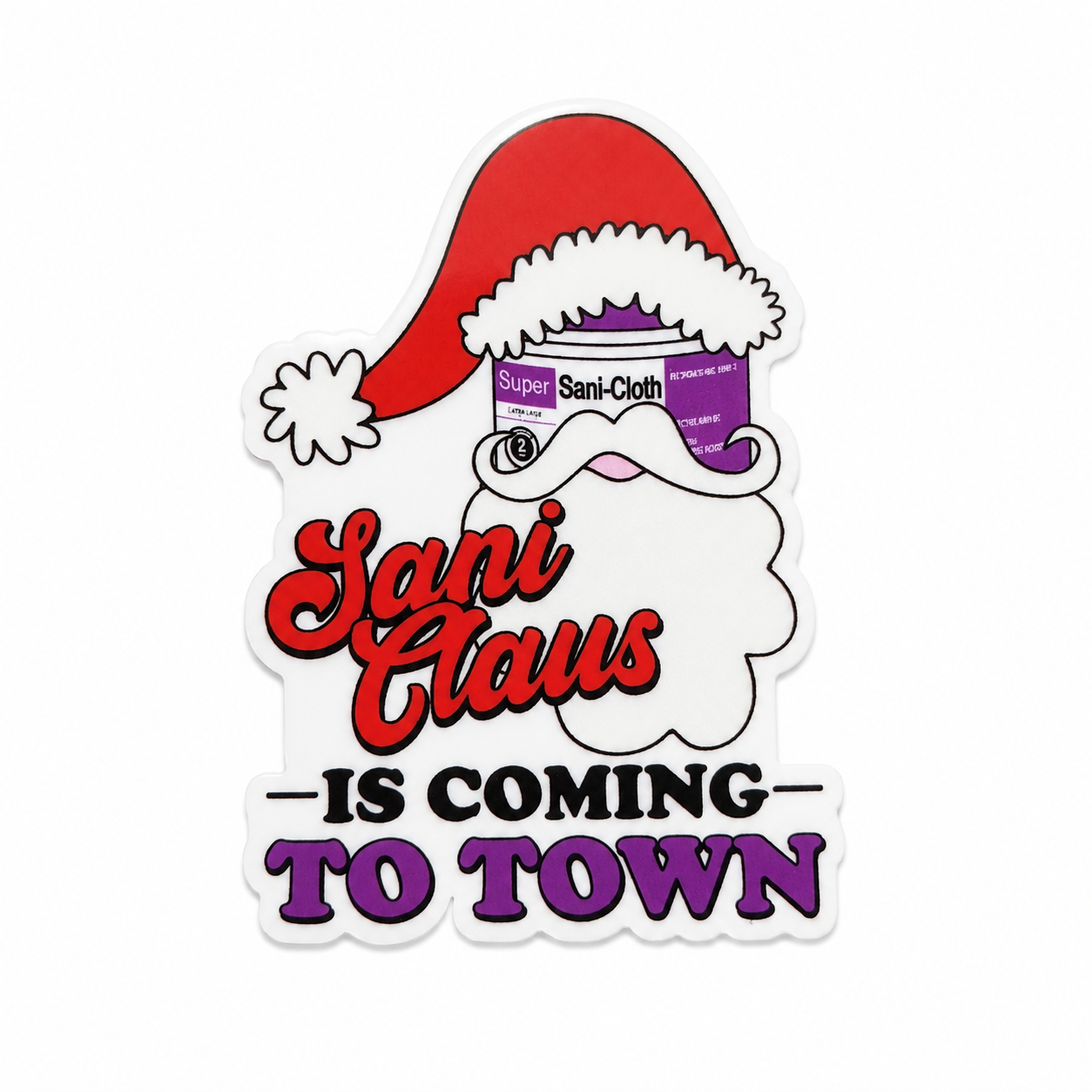 Sani Claus Is Coming to Town plastic add-on with a Santa hat and Sani-Cloth design, compatible with interchangeable badge reel bases, funny Christmas healthcare worker accessory.