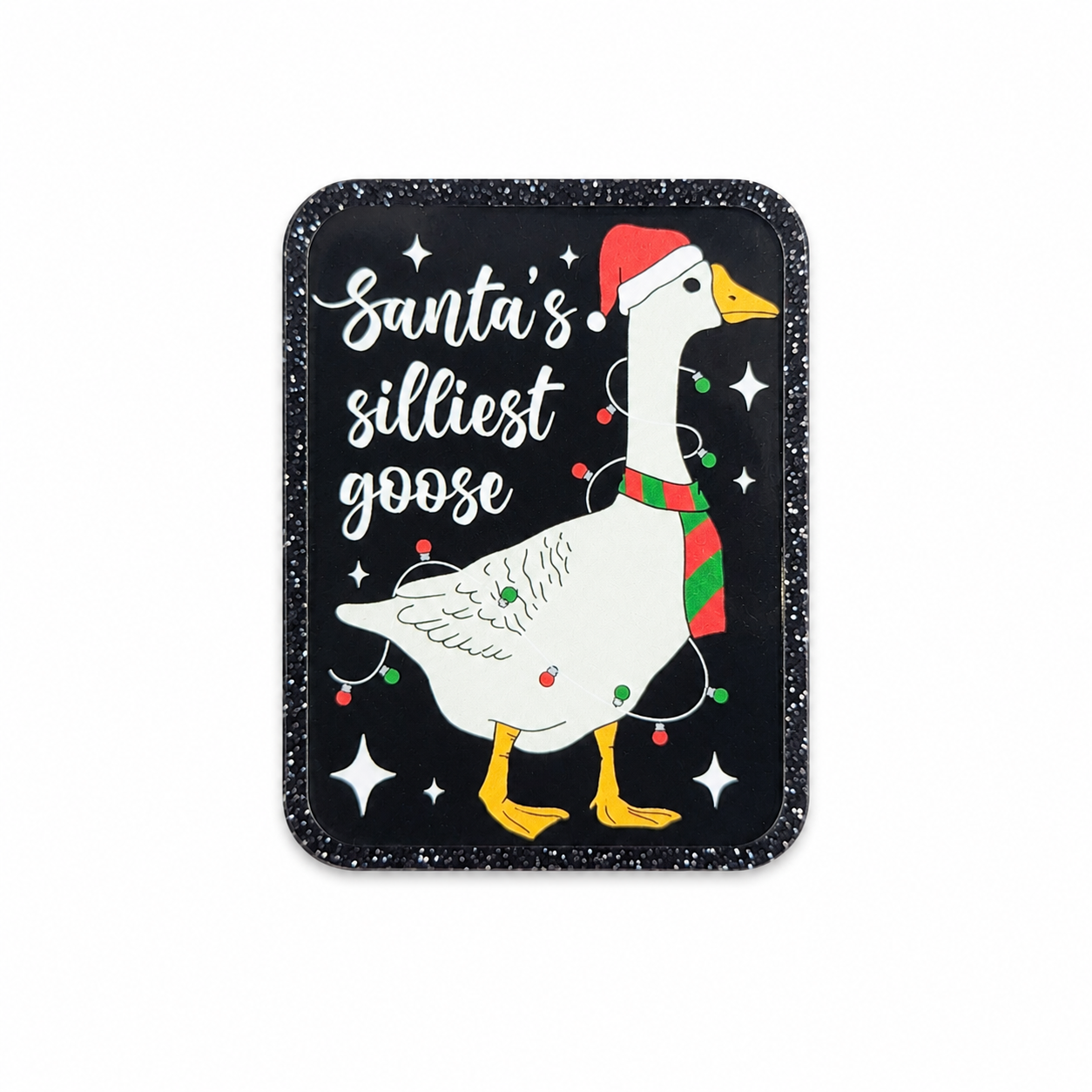 Santa's Silliest Goose plastic add-on featuring a festive goose wearing a Santa hat and Christmas lights, compatible with interchangeable badge reel bases, funny Christmas animal accessory