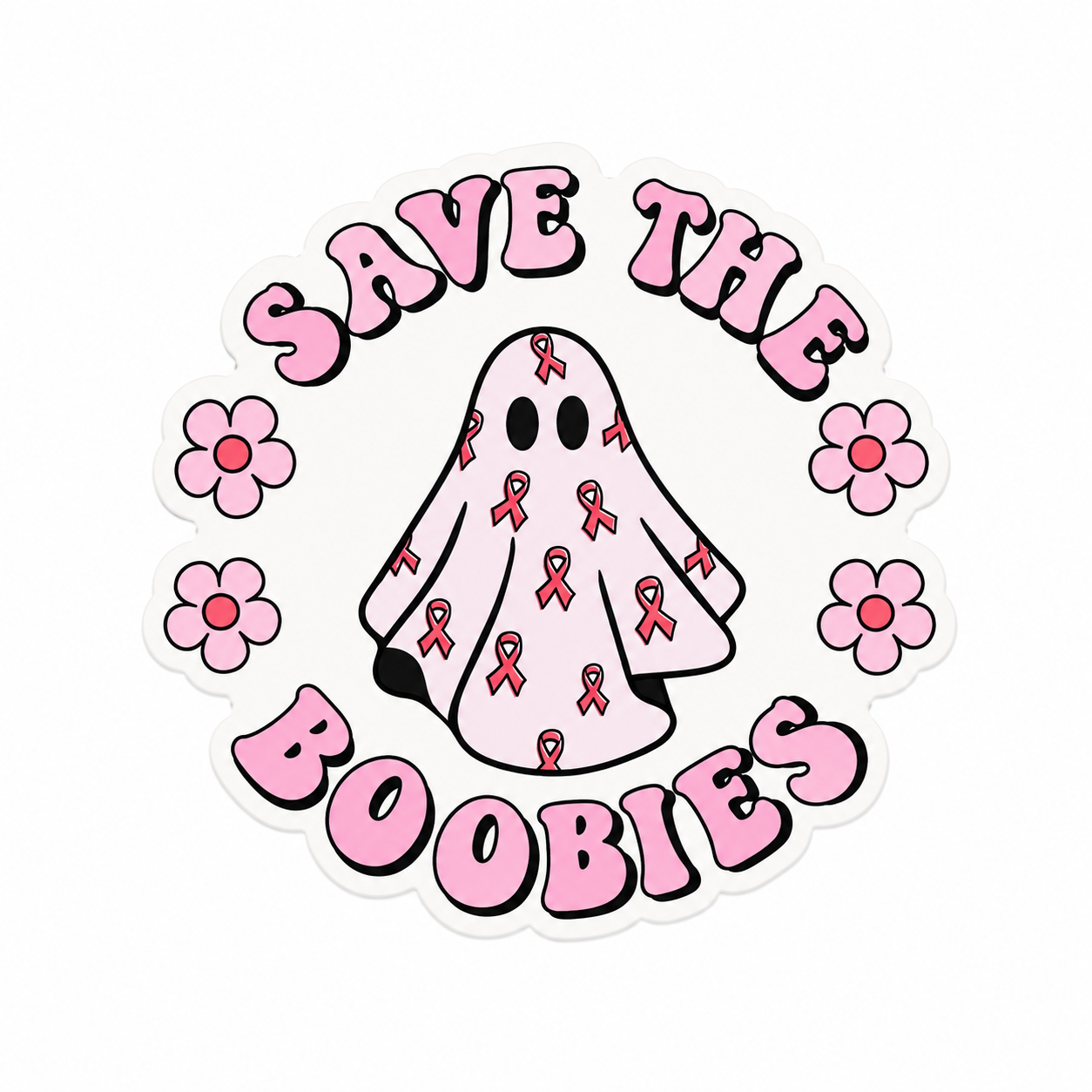 SAVE THE BOOBIES plastic add-on featuring a ghost with pink breast cancer awareness ribbons and flowers, compatible with interchangeable badge reel bases.
