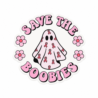 SAVE THE BOOBIES plastic add-on featuring a ghost with pink breast cancer awareness ribbons and flowers, compatible with interchangeable badge reel bases.