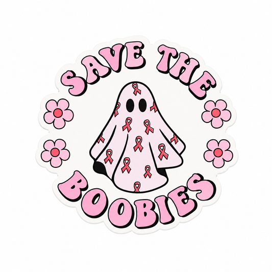 SAVE THE BOOBIES plastic add-on featuring a ghost with pink breast cancer awareness ribbons and flowers, compatible with interchangeable badge reel bases.