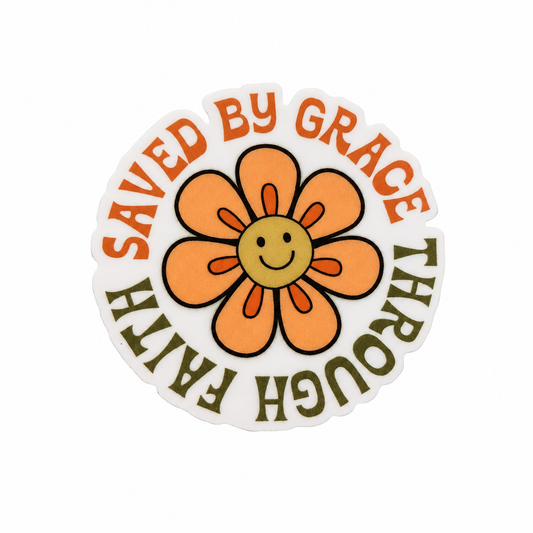Saved By Grace Through Faith plastic add-on featuring a smiling retro flower, compatible with interchangeable badge reel bases.