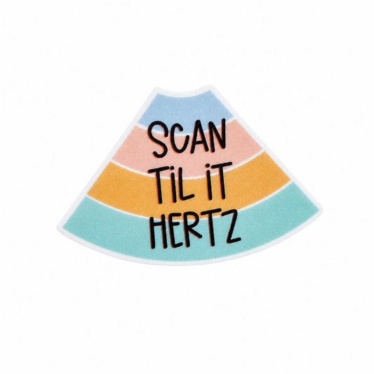SCAN TIL IT HERTZ plastic add-on with pastel ultrasound-inspired design, funny ultrasound tech accessory compatible with interchangeable badge reel bases.