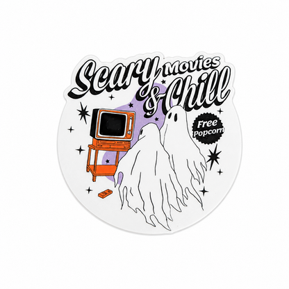 Scary Movies & Chill plastic add-on featuring two cute ghosts, a retro television, stars, and Free Popcorn text, compatible with interchangeable badge reel bases