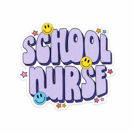SCHOOL NURSE plastic add-on featuring lavender lettering, colorful smiley faces, and star accents, compatible with interchangeable badge reel bases, cute nurse accessory.