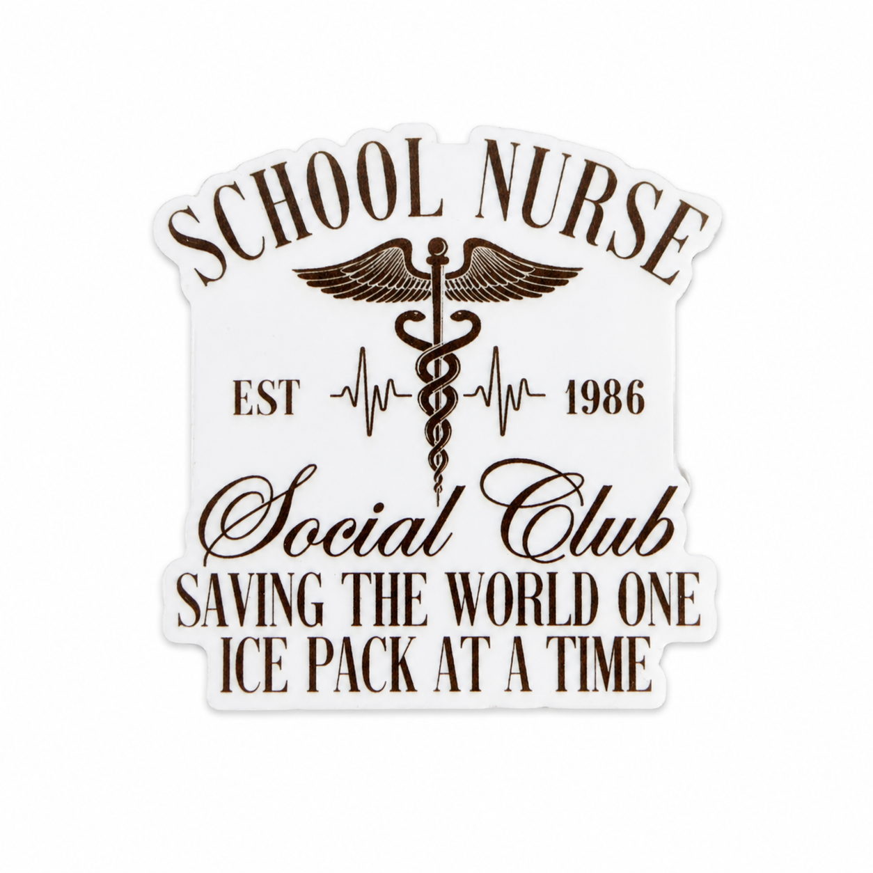 Plastic add-on featuring the text "SCHOOL NURSE EST 1986 Social Club SAVING THE WORLD ONE ICE PACK AT A TIME" with a caduceus symbol and heartbeat design, compatible with interchangeable badge reel bases, funny school nurse accessory.