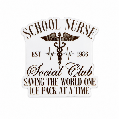 Plastic add-on featuring the text "SCHOOL NURSE EST 1986 Social Club SAVING THE WORLD ONE ICE PACK AT A TIME" with a caduceus symbol and heartbeat design, compatible with interchangeable badge reel bases, funny school nurse accessory.
