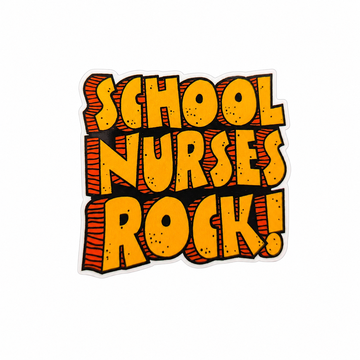 Plastic add-on featuring the text "School Nurses Rock!" in bold retro lettering, compatible with interchangeable badge reel bases and perfect for school nurses.