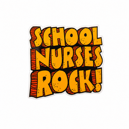 Plastic add-on featuring the text "School Nurses Rock!" in bold retro lettering, compatible with interchangeable badge reel bases and perfect for school nurses.
