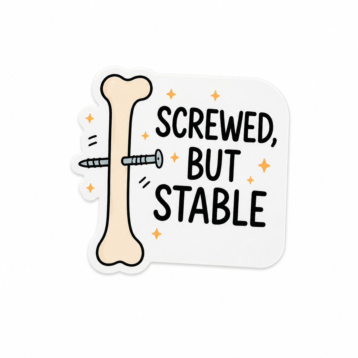 Screwed But Stable plastic add-on featuring a bone with orthopedic screws for compatible interchangeable badge reel bases