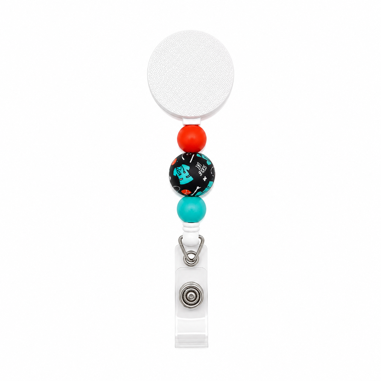 Scrub Life badge reel with coral, teal, and scrub-themed silicone beads on a white retractable interchangeable beaded badge reel for healthcare workers.