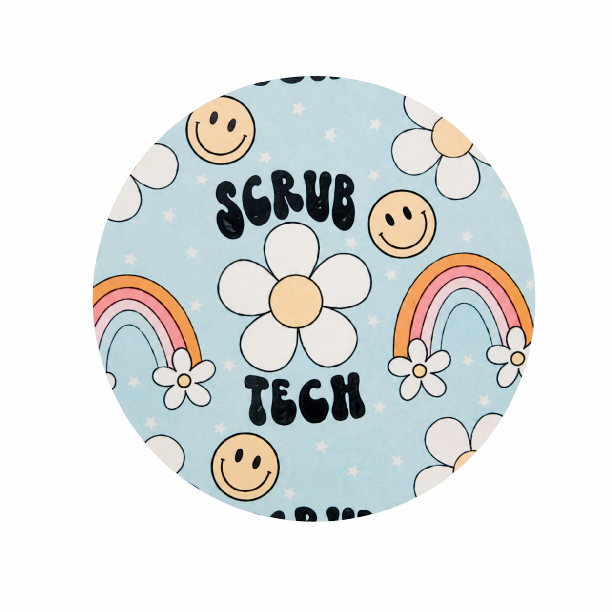 Scrub Tech hard board add-on featuring the words "SCRUB TECH" with rainbows, daisies, and smiley faces, compatible with interchangeable badge reel bases.