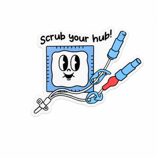 Scrub your hub! plastic add-on with PICC line care design, compatible with interchangeable badge reel bases for PICC line nurse accessory.