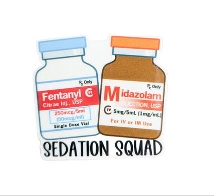 SEDATION SQUAD plastic add-on featuring Fentanyl and Midazolam medication vial illustrations, compatible with interchangeable badge reel bases, funny anesthesia nurse and healthcare worker accessory