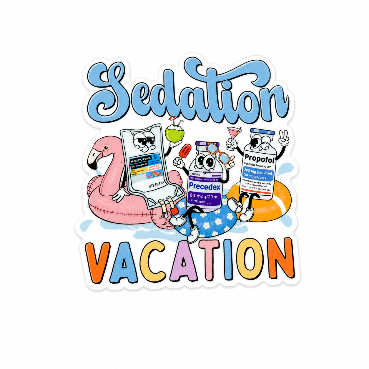 Sedation Vacation plastic add-on featuring Propofol and Precedex characters with pool float and vacation theme, compatible with interchangeable badge reel bases for healthcare workers.