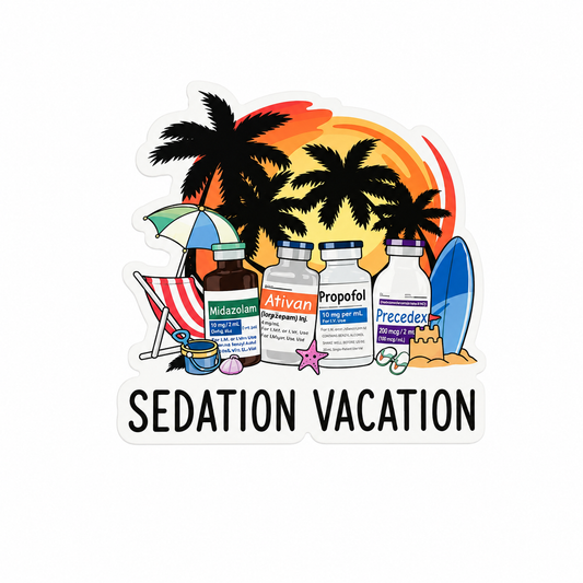 SEDATION VACATION plastic add-on featuring Midazolam, Ativan, Propofol, and Precedex medication vials with a tropical beach scene, compatible with interchangeable badge reel bases.