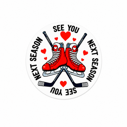 See You Next Season hockey plastic add-on for badge reels with ice skates and hockey stick design
