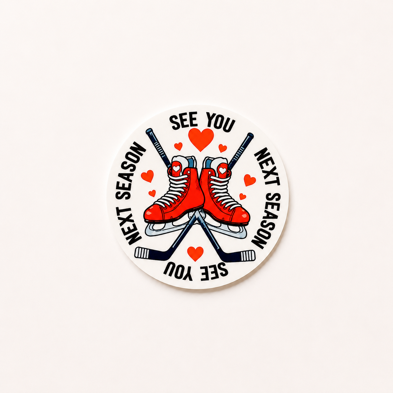See You Next Season hockey plastic add-on for badge reels with ice skates and hockey stick design