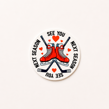 See You Next Season hockey plastic add-on for badge reels with ice skates and hockey stick design