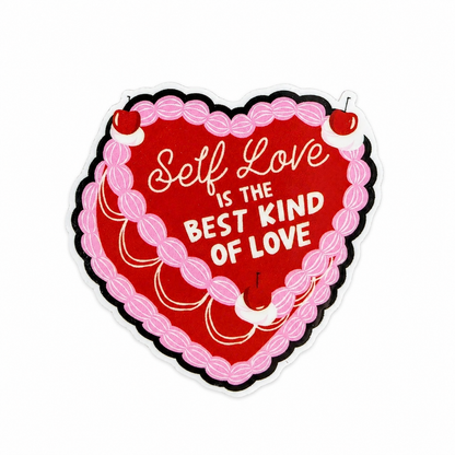 Self Love Is The Best Kind Of Love plastic add-on featuring a heart-shaped cake with cherries, compatible with interchangeable badge reel bases and ideal for self-care and mental wellness themes.