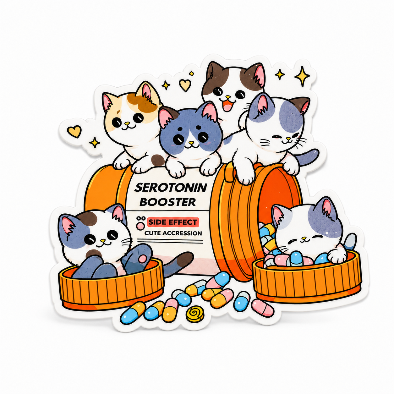 Serotonin Booster plastic add-on featuring adorable kittens around a serotonin bottle with colorful pills, compatible with interchangeable badge reel bases