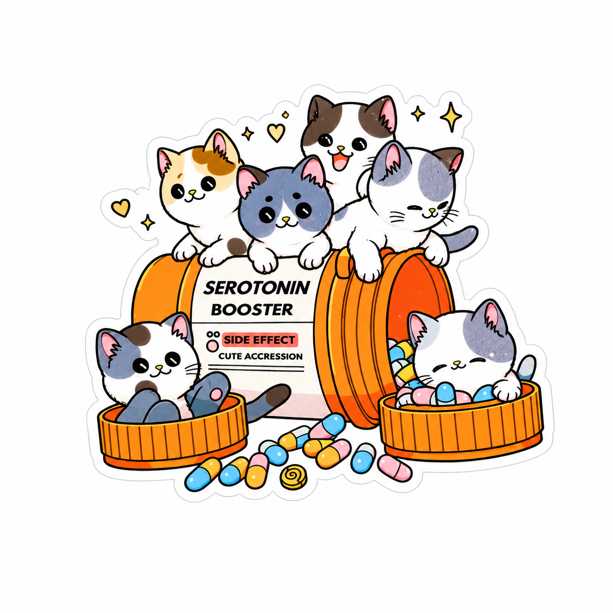 Serotonin Booster plastic add-on featuring adorable kittens around a serotonin bottle with colorful pills, compatible with interchangeable badge reel bases
