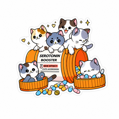 Serotonin Booster plastic add-on featuring adorable kittens around a serotonin bottle with colorful pills, compatible with interchangeable badge reel bases