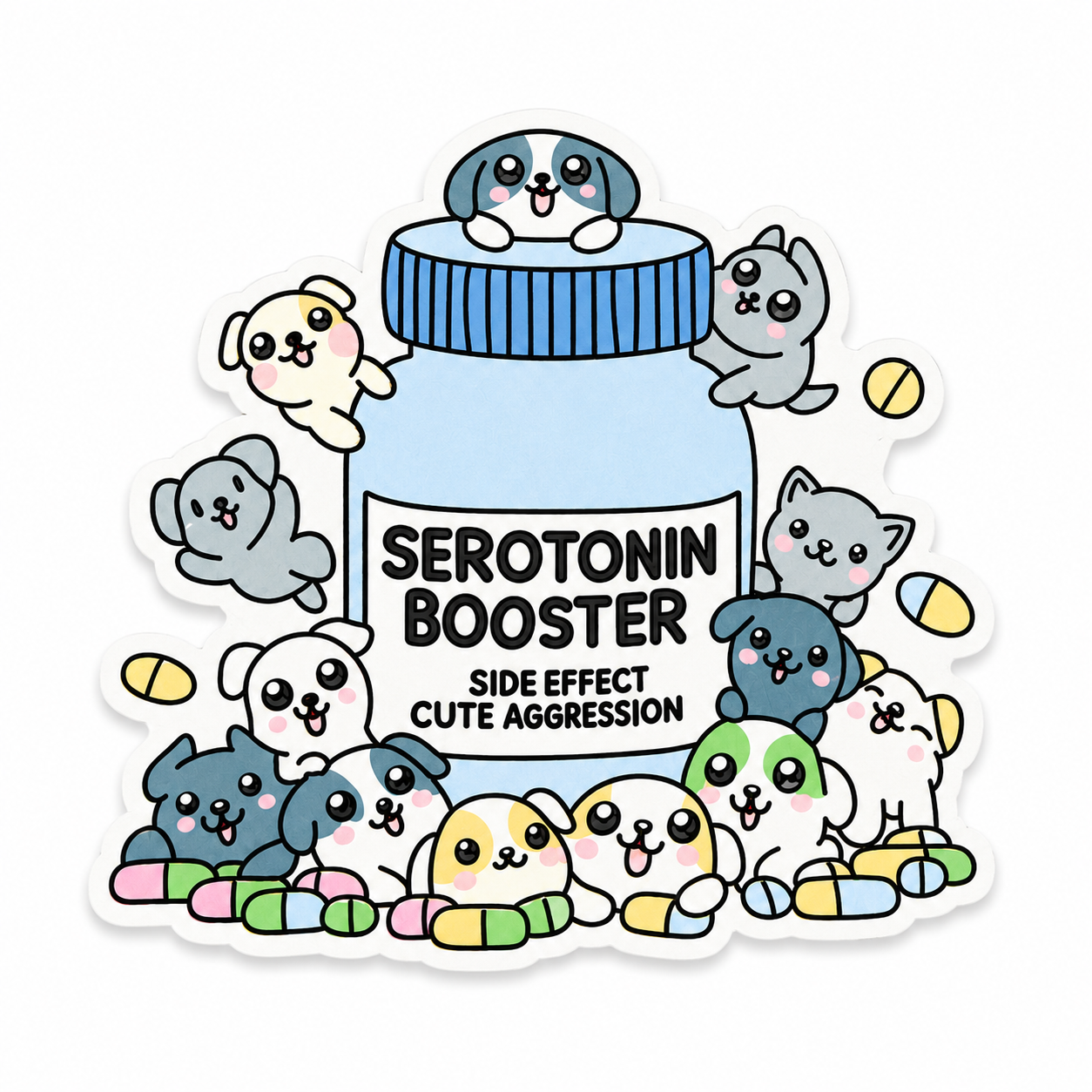 Serotonin Booster plastic add-on featuring adorable puppies and kittens around a medicine bottle with colorful pills, compatible with interchangeable badge reel bases