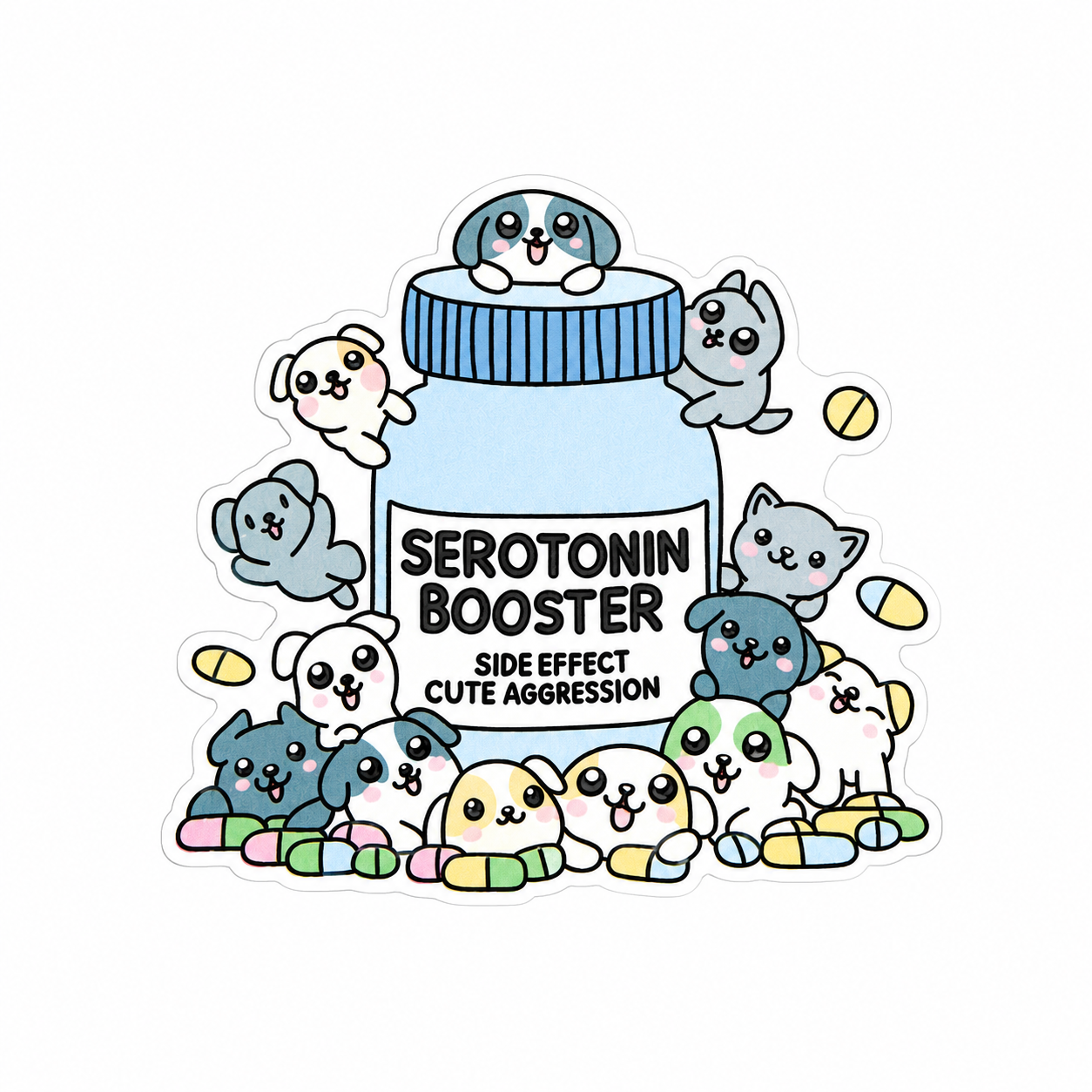 Serotonin Booster plastic add-on featuring adorable puppies and kittens around a medicine bottle with colorful pills, compatible with interchangeable badge reel bases