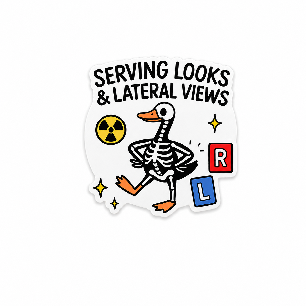 Serving Looks and Lateral Views plastic add-on featuring a dancing skeleton radiology design for compatible interchangeable badge reel bases