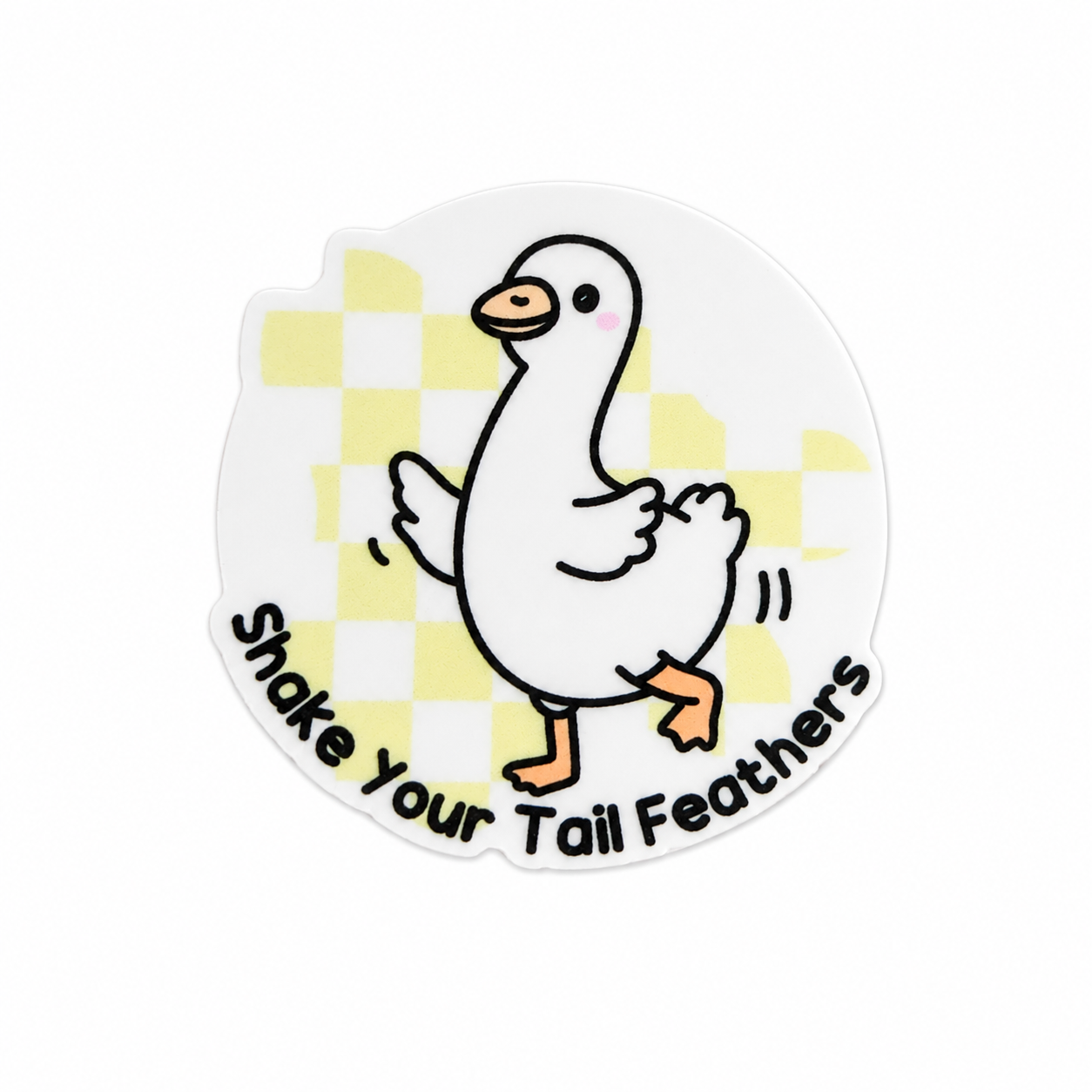 Plastic add-on featuring a cute dancing goose with the phrase "Shake Your Tail Feathers," compatible with interchangeable badge reel bases and perfect for animal lovers.