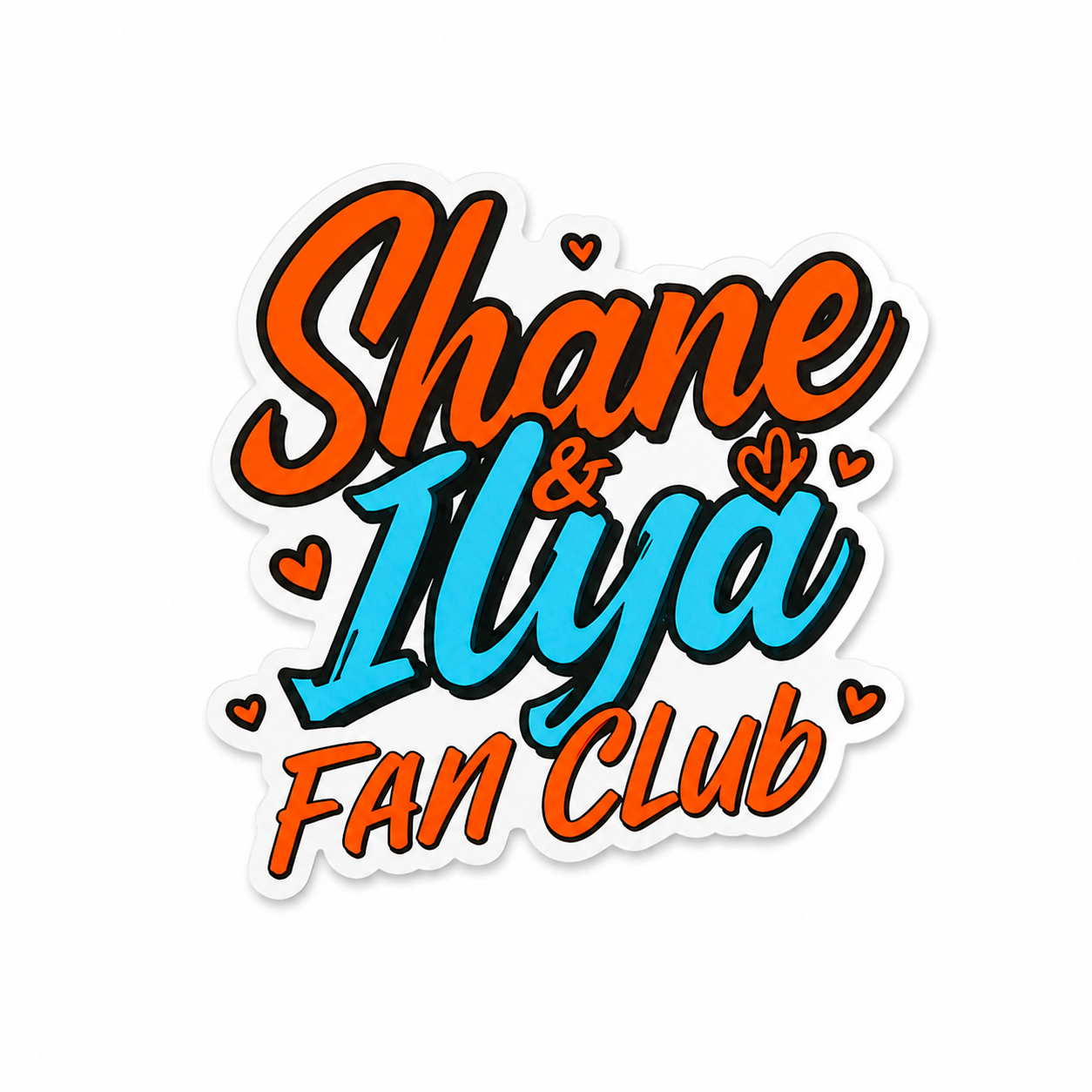Shane and Ilya Fan Club plastic add-on for badge reels with colorful retro lettering and heart details
