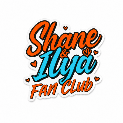 Shane and Ilya Fan Club plastic add-on for badge reels with colorful retro lettering and heart details
