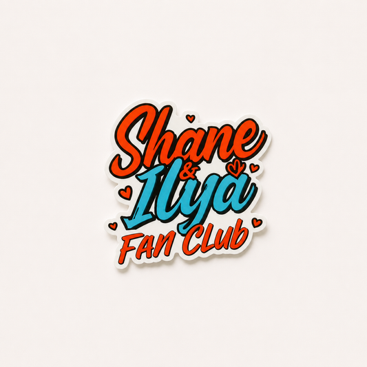 Shane and Ilya Fan Club plastic add-on for badge reels with colorful retro lettering and heart details